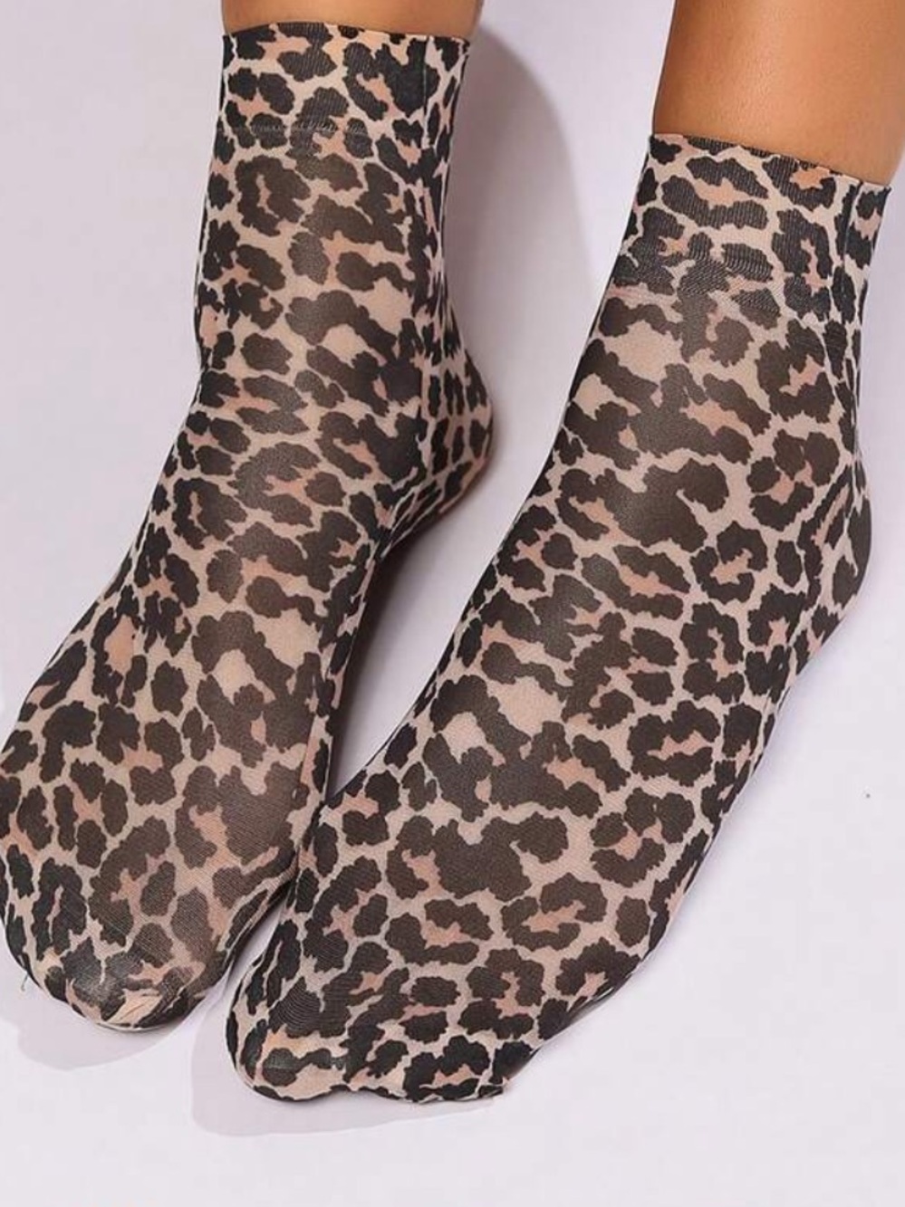 Leopard Print Sheer Ankle Socks - Neutral Brown & Black